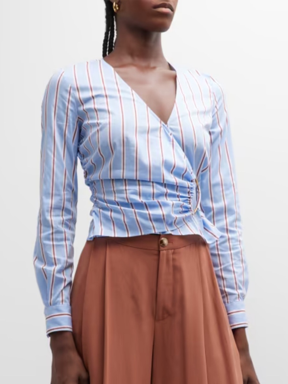 Veronica Beard Light Blue Striped Wrap Blouse with Ring Tie